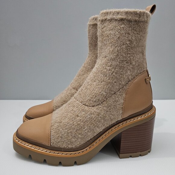 NEW Sam Edelman Rozanna Ankle Boot Size 10 Chunky Lug Sole Luxe Tan Knit Leather - Picture 1 of 15